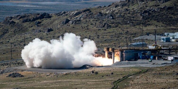 A test of a rocket motor on the ground.