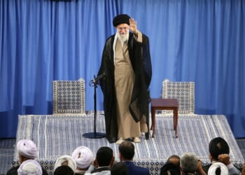 Iranian Supreme Leader Ali Khamenei speaking with Iranian clerics.