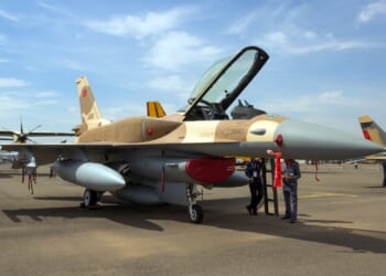 A Moroccan Air Force F-16 on the ground at an airfield.