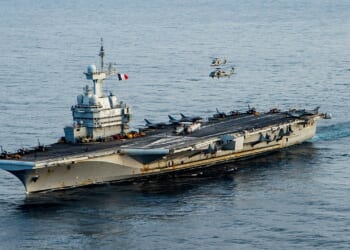 The Charles de Gaulle aircraft carrier at sea.