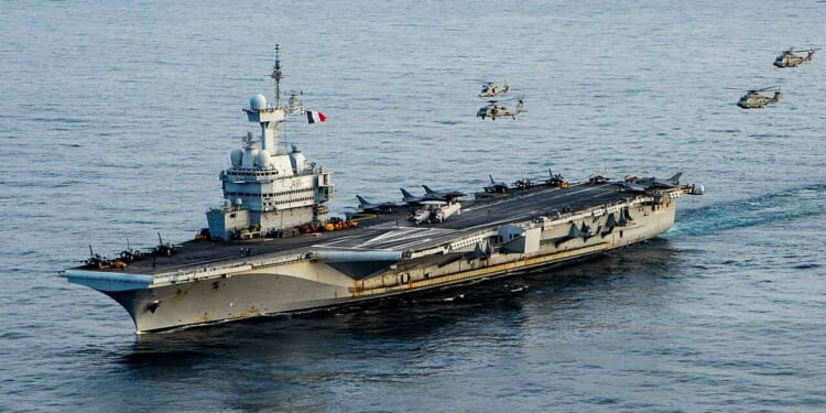The Charles de Gaulle aircraft carrier at sea.