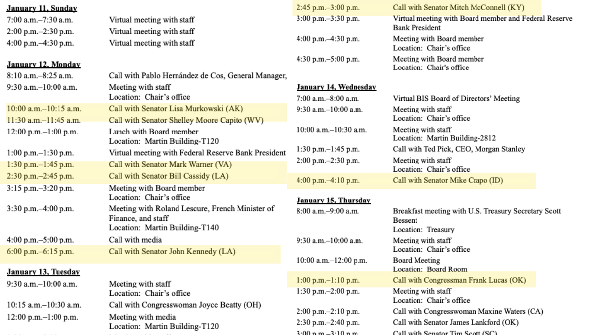 A portion of Federal Reserve Chairman Jerome Powell's schedule from January 2026.