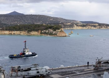 A view of Souda Bay, Crete, from the deck of an aircraft carrier.