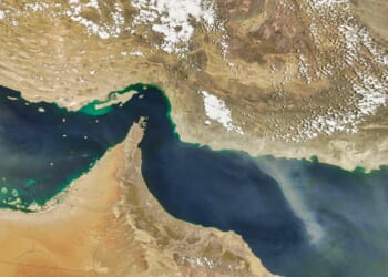 A view from space of the Persian Gulf and Gulf of Oman, with the Strait of Hormuz at the center.