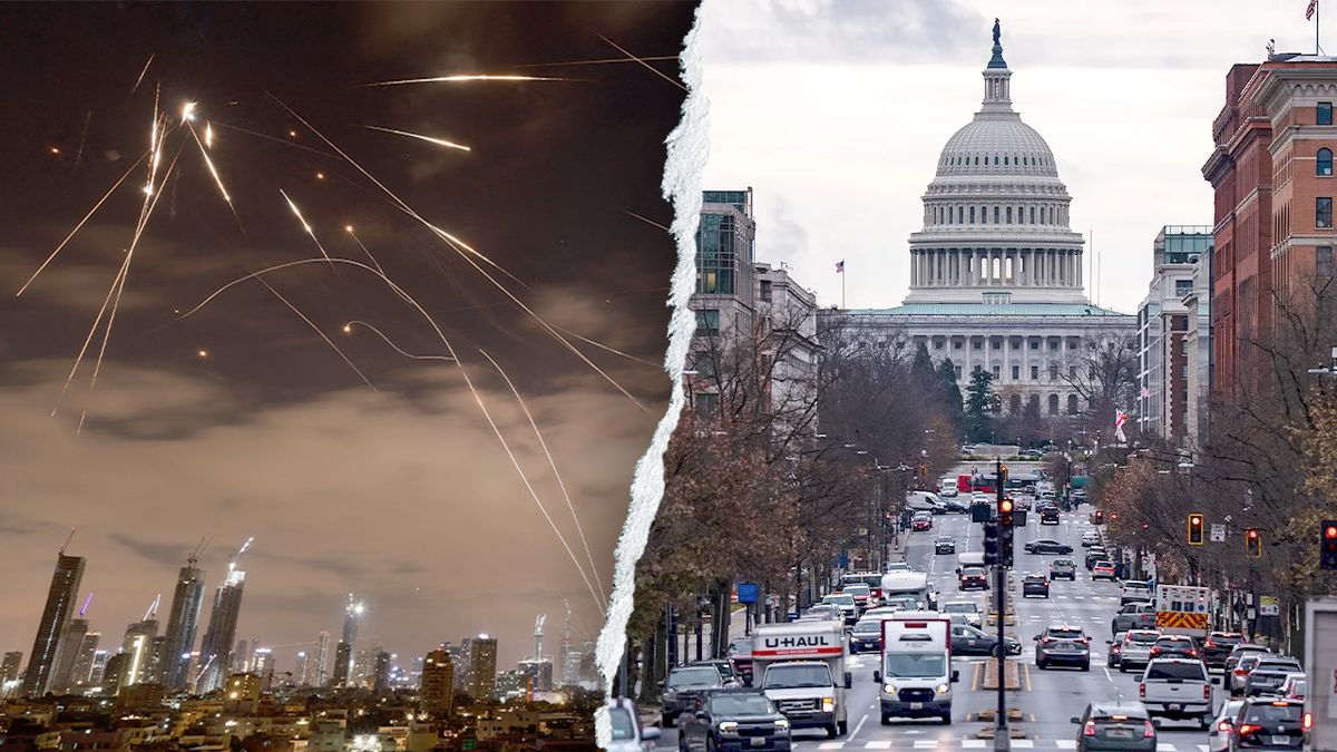 A split image depicting an Iranian missile barrage on Tel Aviv and the U.S. Capitol building in Washington, D.C.