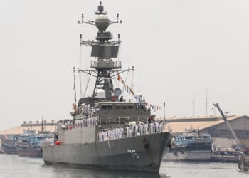 The IRIS Dena, an Iranian Navy ship, entering port.