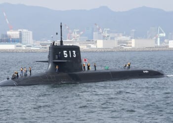 A Taigei-class submarine seen in the ocean near Kobe, Japan.