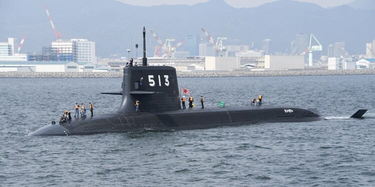 A Taigei-class submarine seen in the ocean near Kobe, Japan.