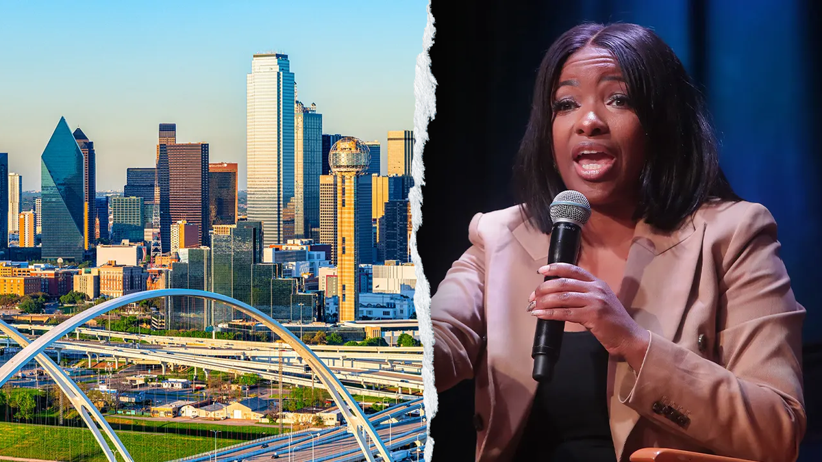 Dallas skyline beside Jasmine Crockett