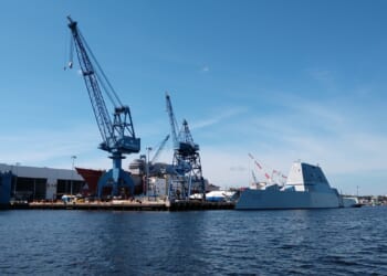 A ship docked near the Bath Iron Works shipbuilding facility in Maine.