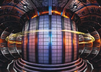 A tokamak-style nuclear fusion reactor powering up.
