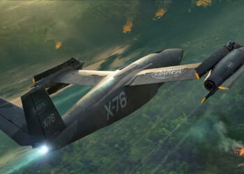 Concept art of the DARPA X-76 experimental aircraft in flight.