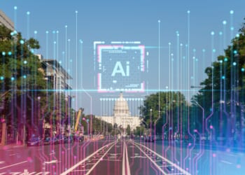 A digital overlay of an AI chip hovers over the Capitol in Washington, DC.