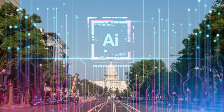 A digital overlay of an AI chip hovers over the Capitol in Washington, DC.