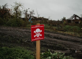 A skull-and-crossbones sign denoting a minefield in Ukraine.