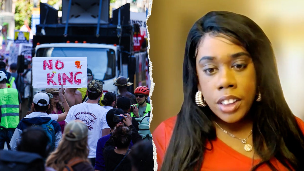 No Kings protesters, left, pictured alongside Sarah Parker, an organizer for a protest in Minnesota, right.