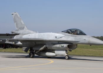 An F-16 fighter jet on display in Poland.