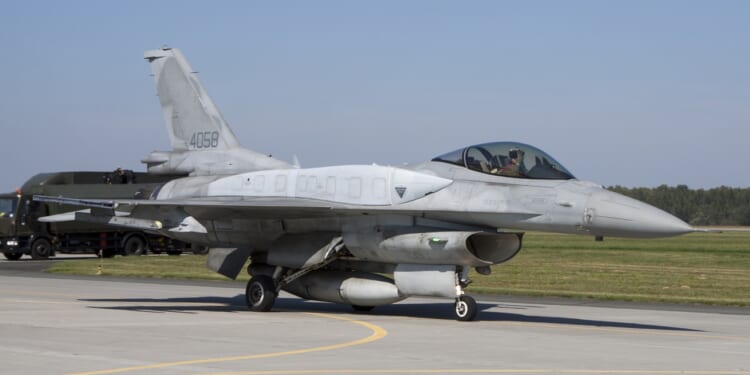 An F-16 fighter jet on display in Poland.
