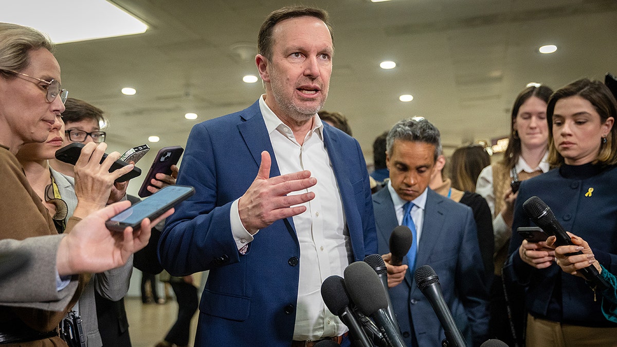 Sen. Chris Murphy speaks to reporters in the U.S. Capitol.