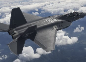 A KF-21 Boramae fighter jet in flight.