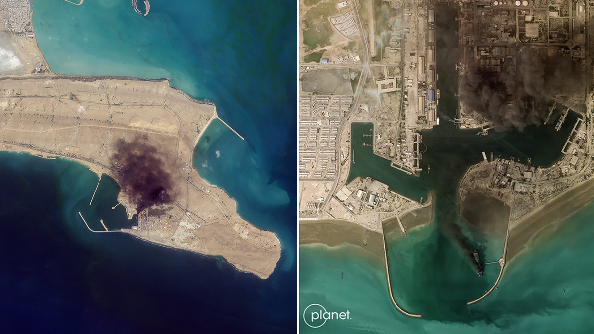 A side by side photo shows satellite imagery of damaged Iranian naval bases.