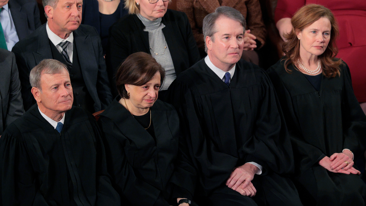 Supreme Court Chief Justice John Roberts, Associate Justice Elena Kagan, Associate Justice Brent Kavanaugh and Associate Justice Mary Coney Barrett are seen at the State of the Union address.