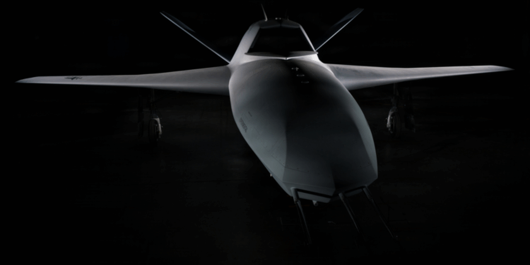 A YFQ-48 drone, shrouded in shadow.