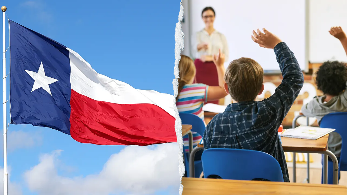 Texas flag and students inside a classroom