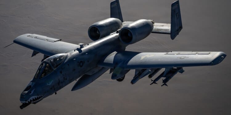 An A-10 Warthog attack aircraft in flight.