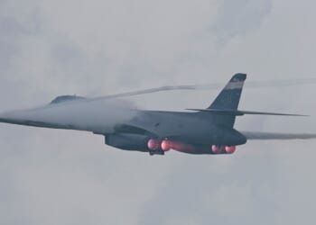 A B-1 Lancer bomber in flight.