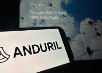 A phone displaying the Anduril logo.