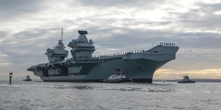 The HMS Queen Elizabeth aircraft carrier at sea.