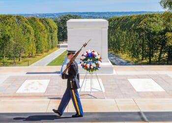 A guard patrolling in front of the Tomb of the Unknown Soldier.
