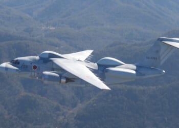 The EC-2 Platypus electronic warfare aircraft in flight.