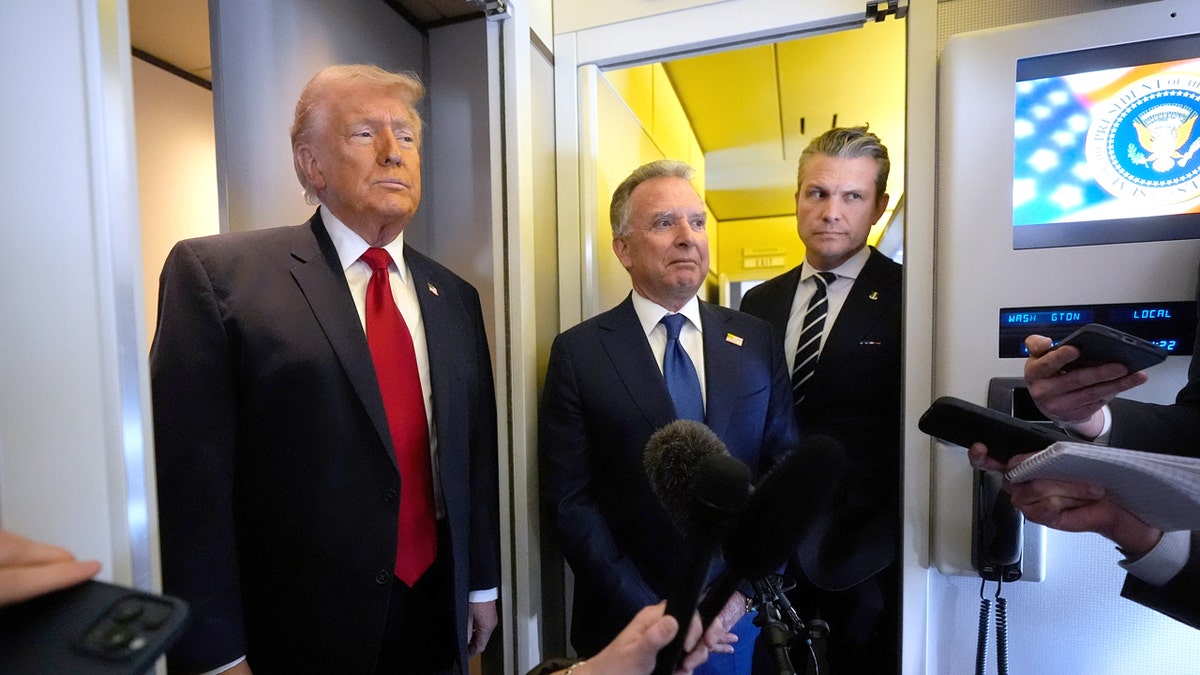 Trump, Steve Witkoff and Pete Hegseth during an AF1 Gaggle