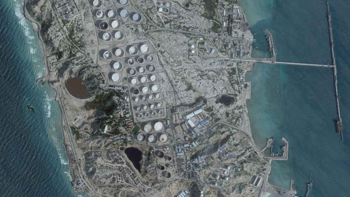 A satellite image of Iranian oil infrastructure on Kharg Island in the Persian Gulf.