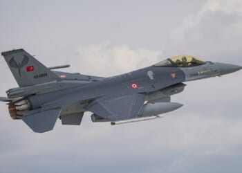 A Turkish F-16 fighter jet in flight.