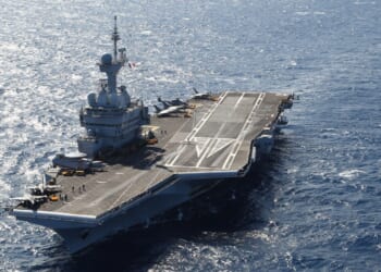 The Charles de Gaulle aircraft carrier at sea.