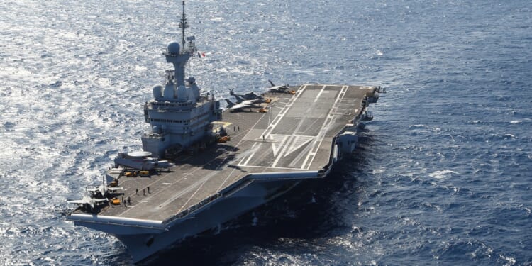 The Charles de Gaulle aircraft carrier at sea.