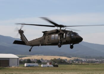 A UH-60 Black Hawk helicopter in flight.
