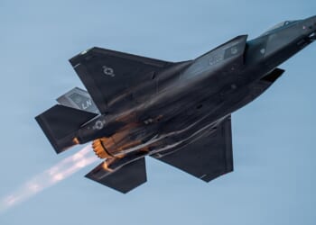 A US Air Force F-35 Lightning II fighter jet in flight.