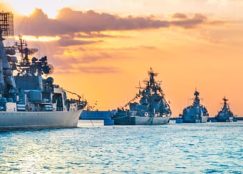 A group of Russian Navy ships at sail.