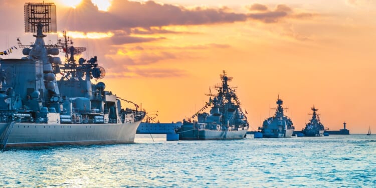 A group of Russian Navy ships at sail.