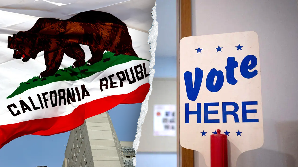 A split image of the California flag and a voting location
