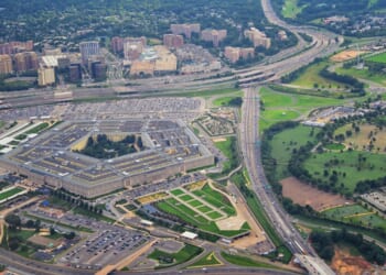 An overhead view of the Pentagon, the headquarters of the Department of Defense, in Arlington, Virginia.
