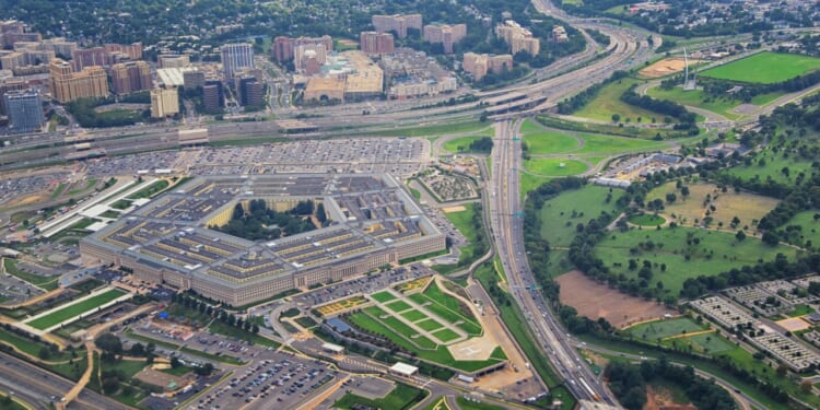 An overhead view of the Pentagon, the headquarters of the Department of Defense, in Arlington, Virginia.