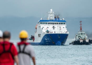 A Chinese ocean research vessel arriving in port.