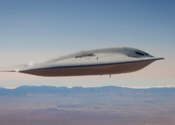 A B-21 sixth-generation stealth bomber in flight.