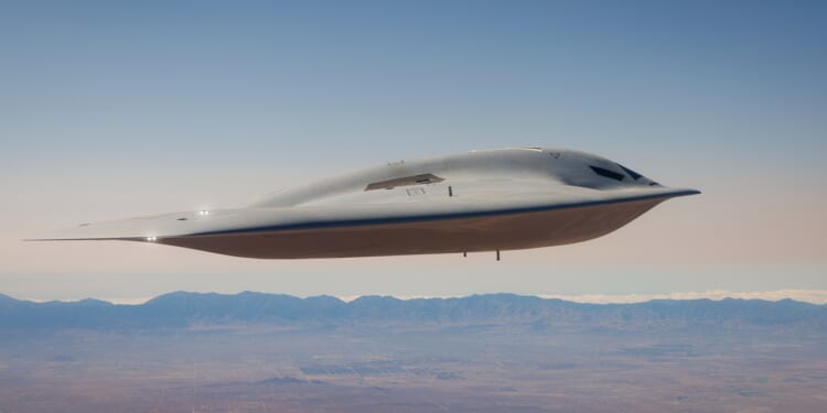 A B-21 sixth-generation stealth bomber in flight.