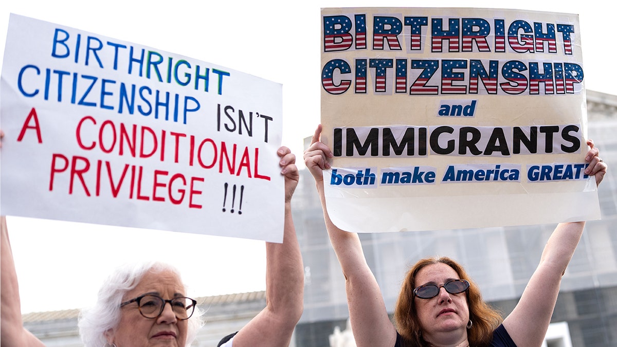 Demonstrators gather outside the Supreme Court in Washington, D.C., in support of birthright citizenship. President Donald Trump's executive order seeks to narrow protections for children born to non-residents on U.S. soil. Photo taken May 15, 2025. (Kent Nishimura/Bloomberg via Getty)